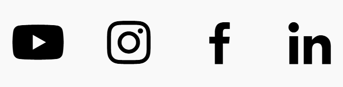 Symbole von YouTube, Instagram, Facebook und LinkedIn in minimalistischer Darstellung.