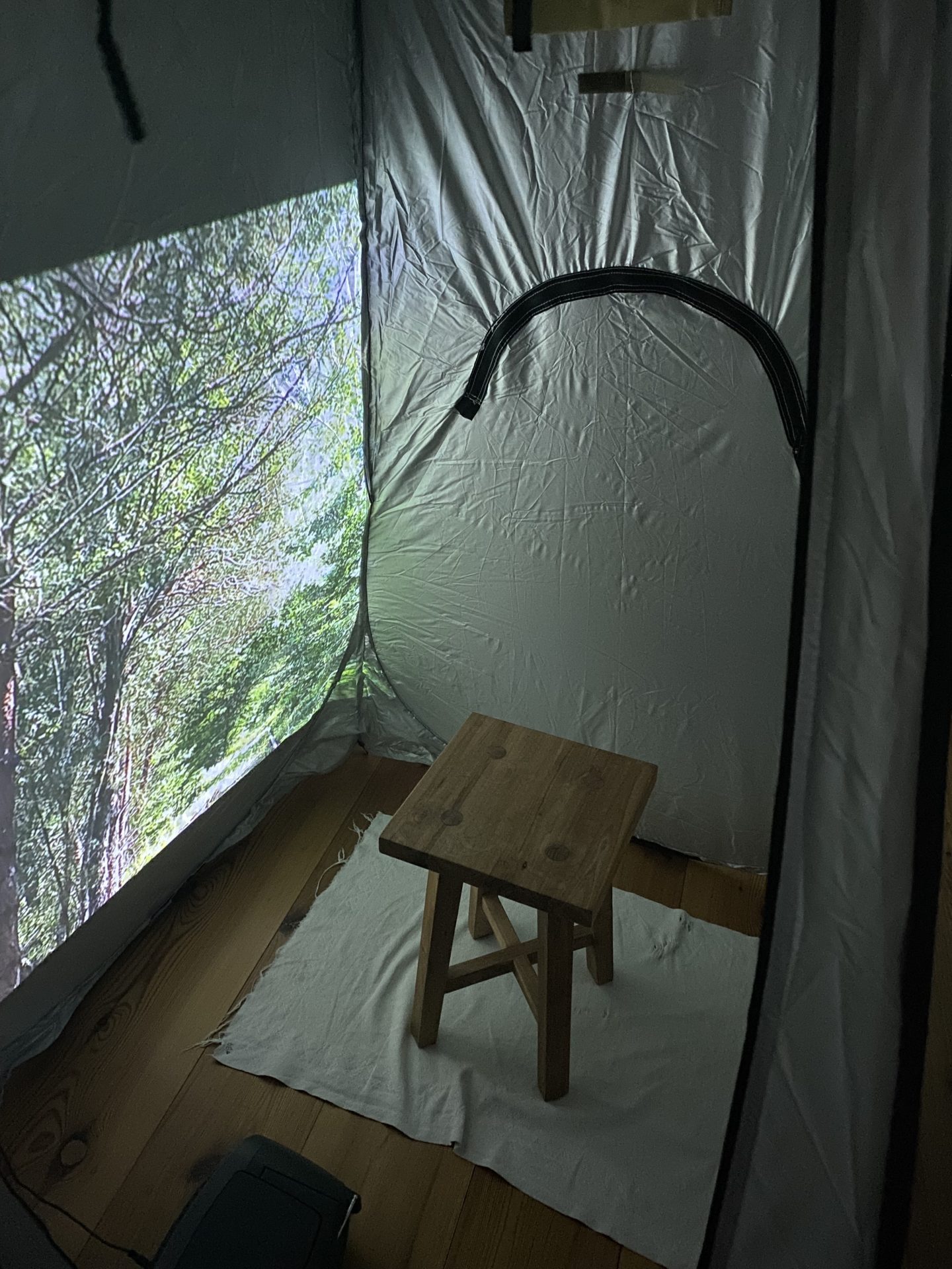 Das Bild zeigt einen kleinen zeltartigen Raum mit silbernen Wänden. An eine Wand ist ein Foto von grünen Bäumen projeziert. In der Mitte des Raumes steht ein Hocker aus Holz auf einem weißen Teppich.