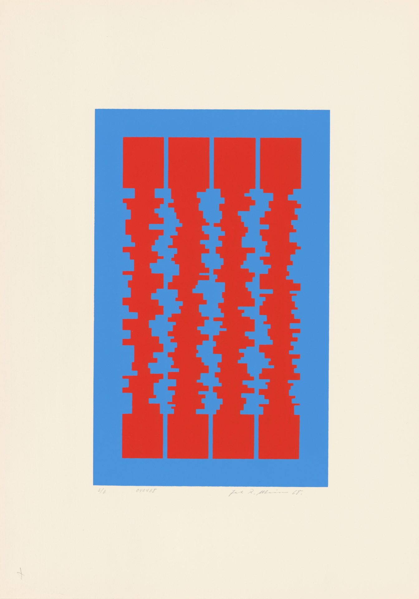 Abstract graphic with red and blue shapes on a light background, representing vertical structures and patterns.