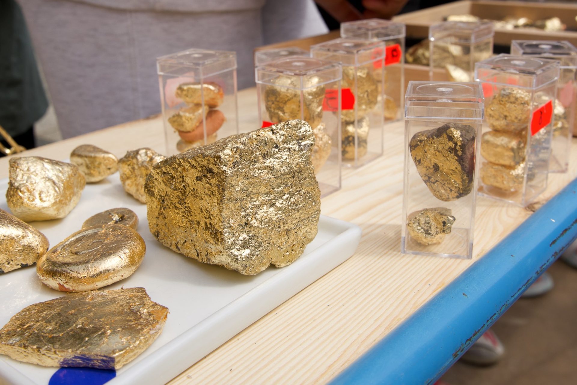 Golden rock pieces are on a table, some in clear boxes, others on a white plate.