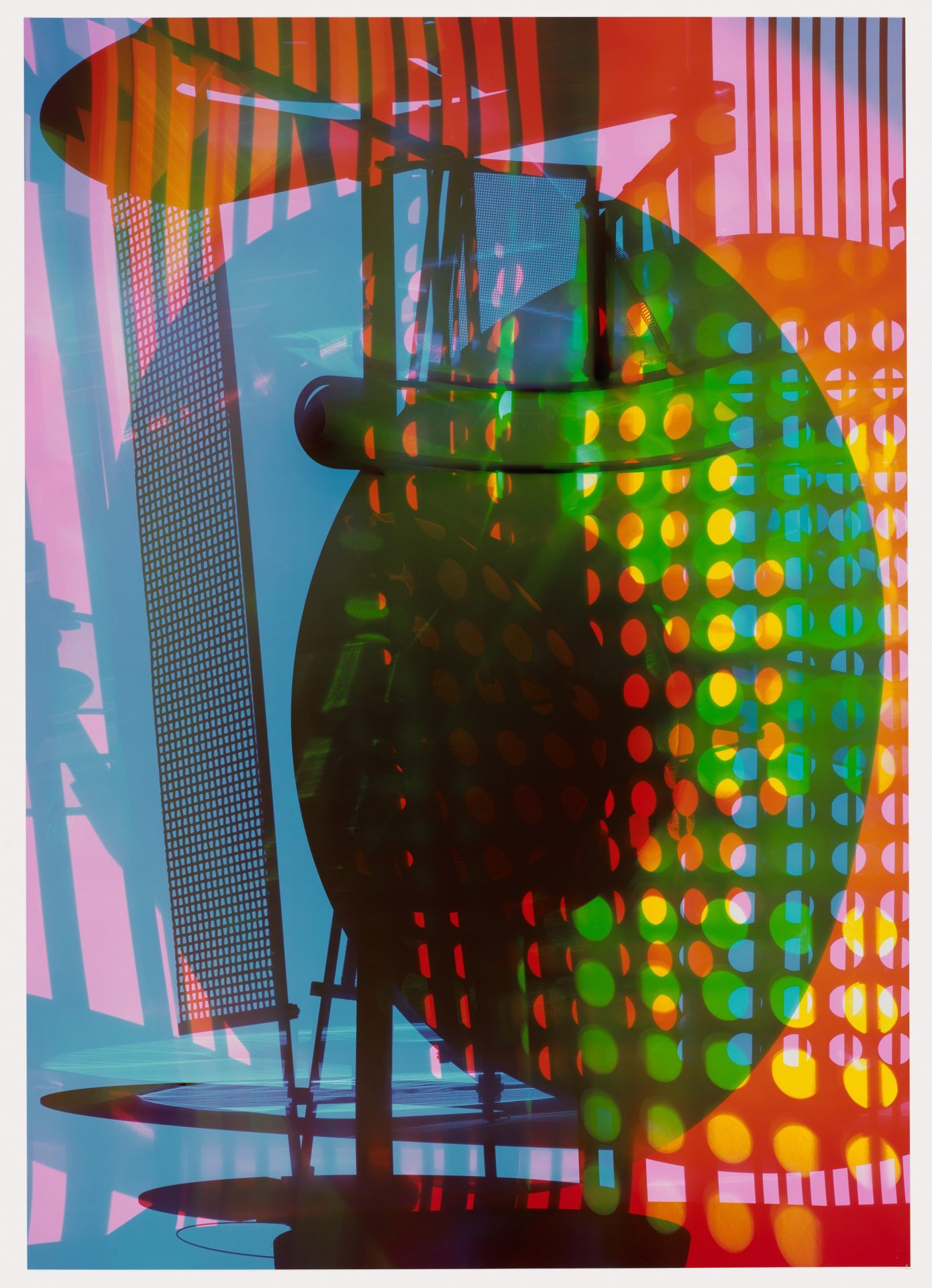 Abstract composition of colorful light and shadow effects, geometric shapes, and layered textures.